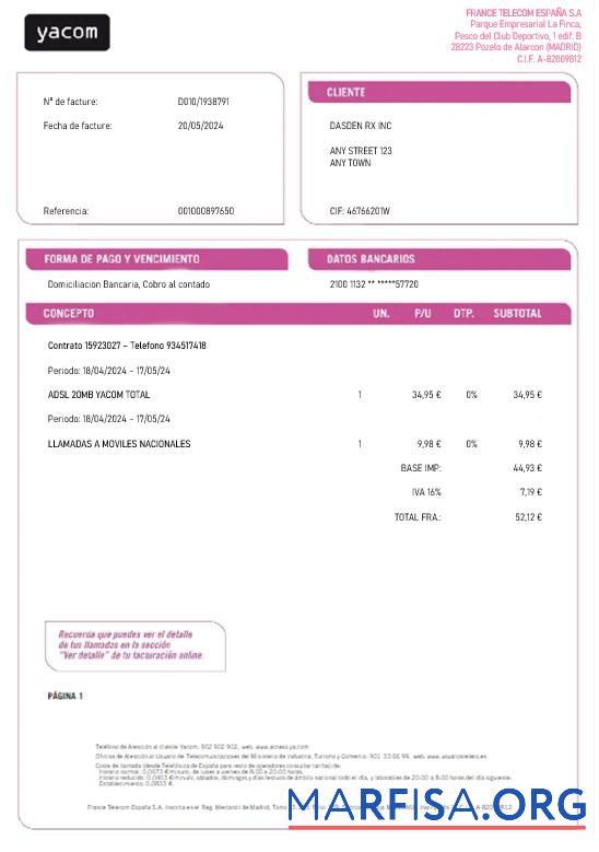 Downloadable Spain Yacom business utility bill Word and PDF template
